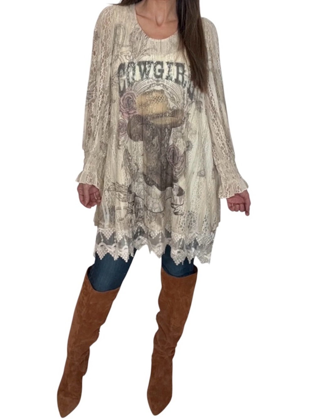 Origami Fashion Vivien Cowgirl Tunic Top with Embroidered Lace Hem Size XL Rodeo